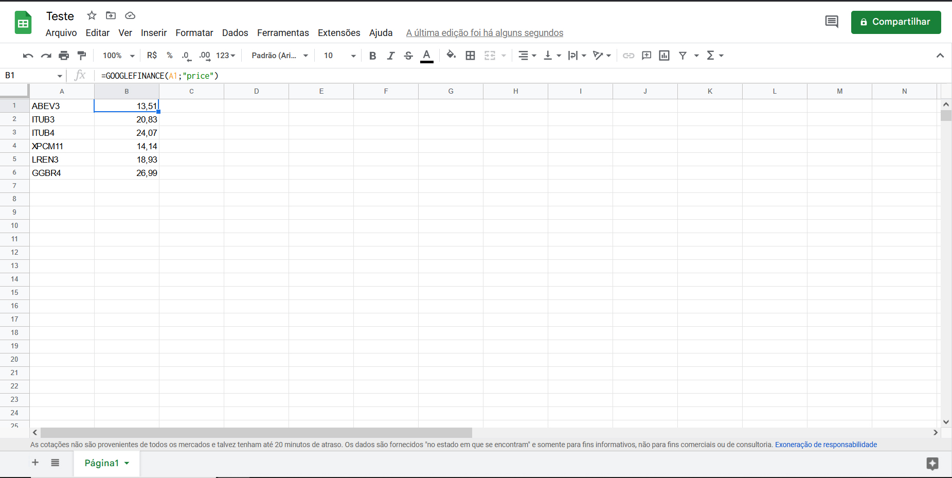 Cotações da Bolsa no Excel